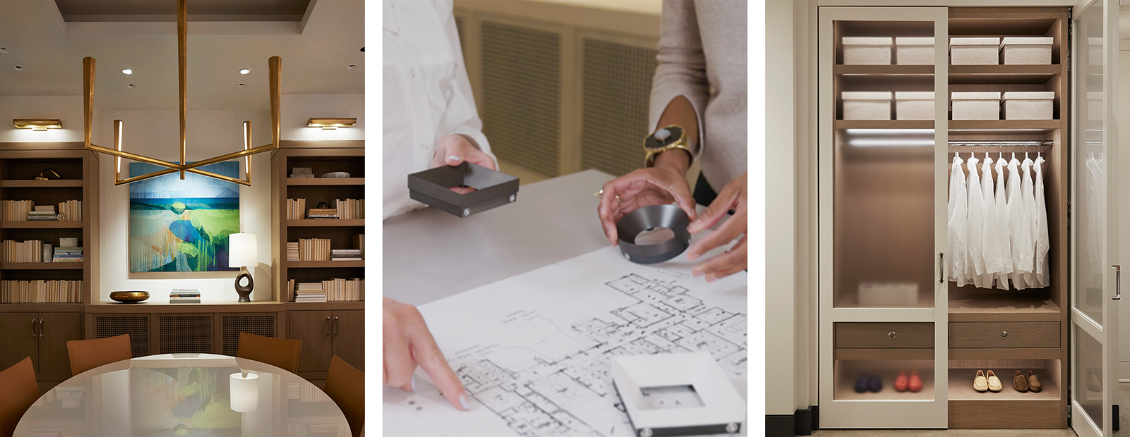 Lighting specification details across three residential vignettes