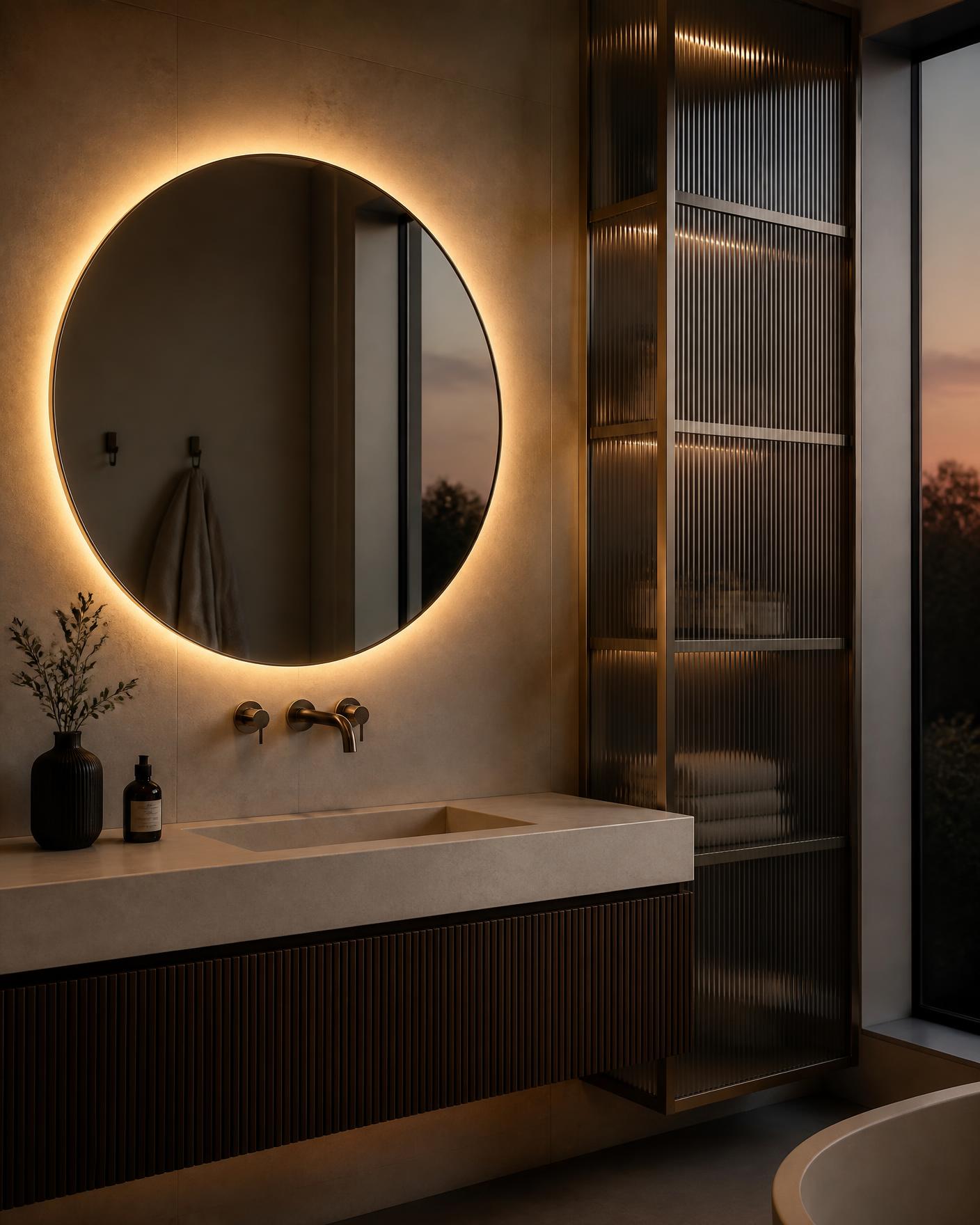 Kallista brand-world portrait reflected in a sculptural mirror