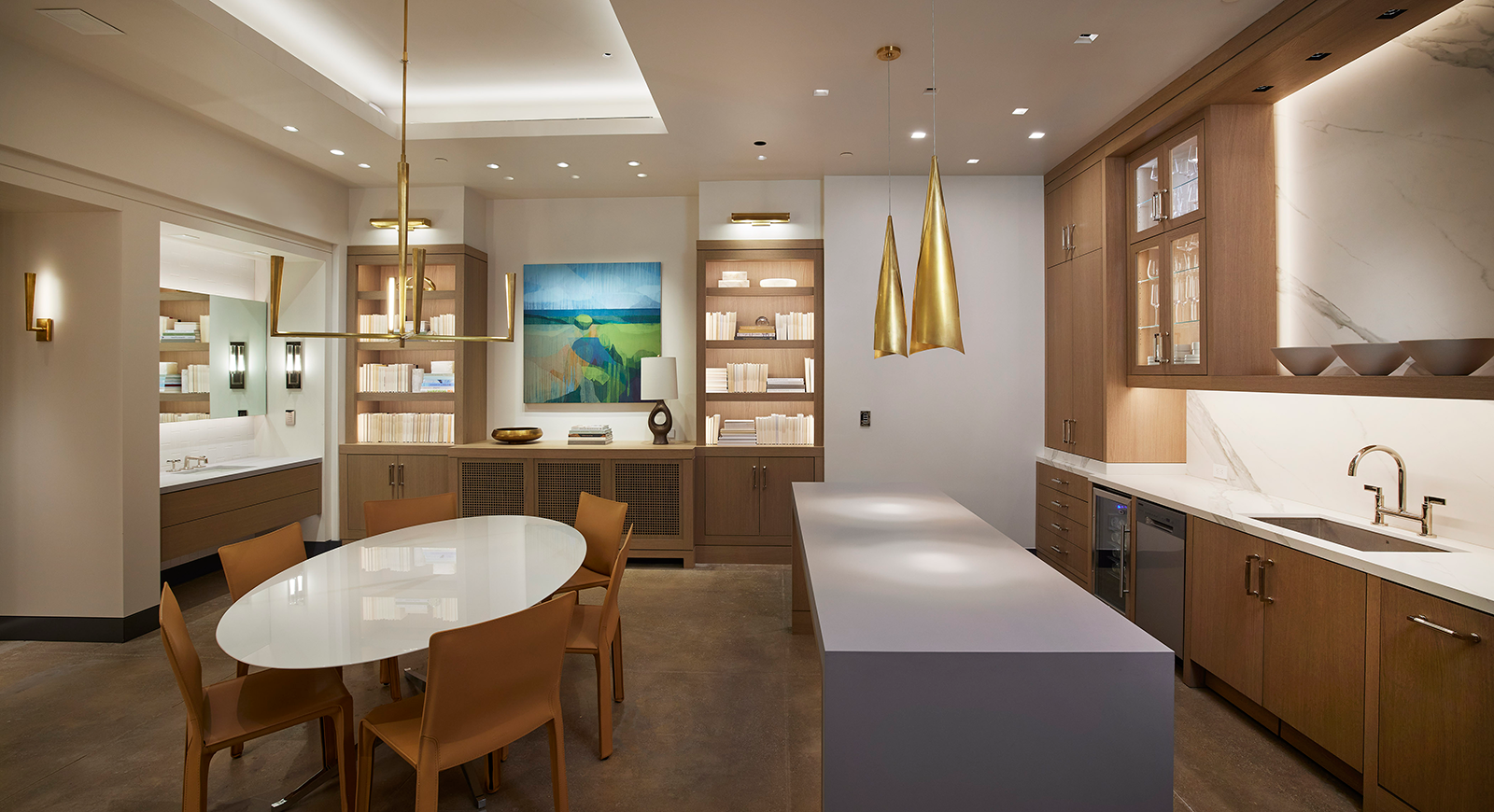 Architectural lighting lab with vanity, library, and kitchen vignettes