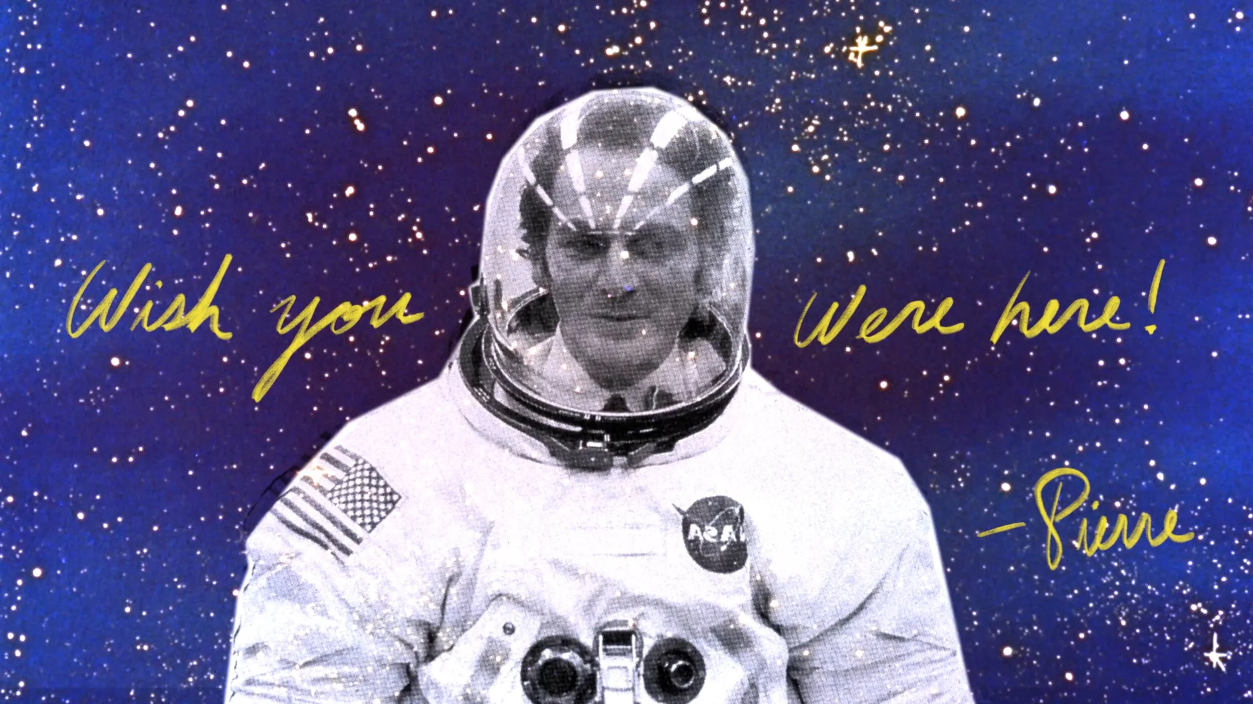 Pierre Cardin collaged into an astronaut suit against a starfield
