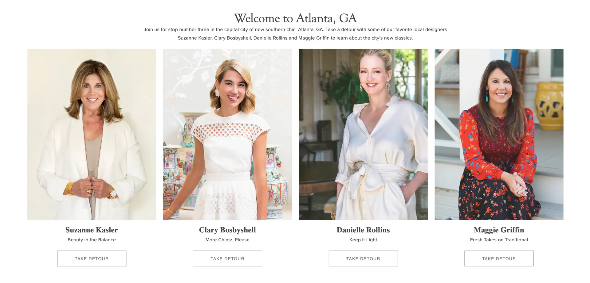 Circa Road Trip Atlanta stop landing page featuring designers Suzanne Kasler, Clary Bosbyshell, Danielle Rollins and Maggie Griffin