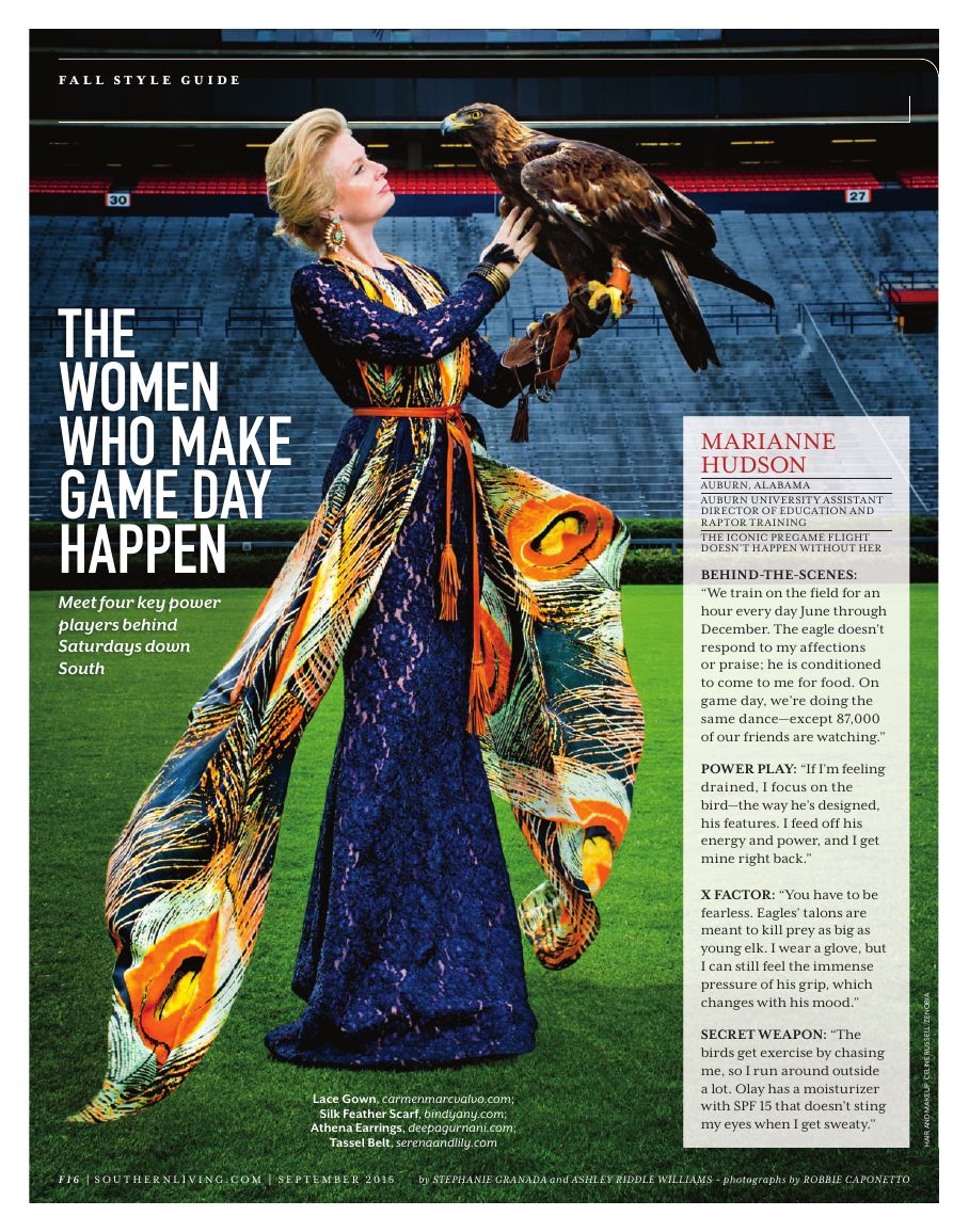 Marianne Hudson with Auburn's eagle in the Southern Living Fall Style Guide